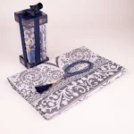 Seccade + Tesbih Hediye Seti (Desenli Dik Asetat Kutu, Lacivert)