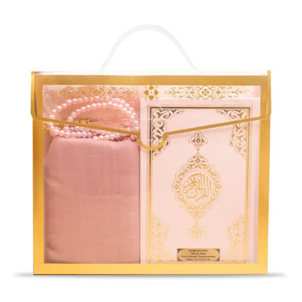 Çantalı Kuran Hediye Seti + Seccade + Eşarp + Tesbih (Çanta Boy, Pembe)