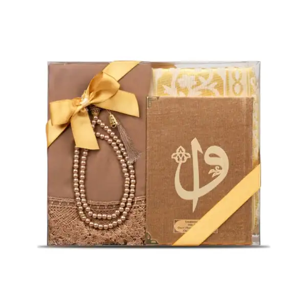 Yasin + Seccade + Tesbih + Şal Hediye Seti (Çanta Boy, Elif Vav, Gold)