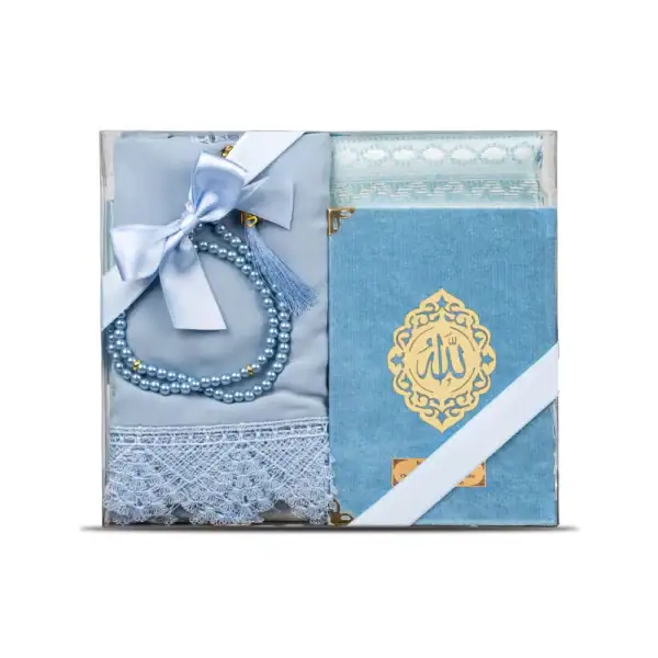 Yasin + Seccade + Tesbih + Şal Hediye Seti (Çanta Boy, Şems Lafzatullah, Mavi)