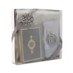 Hediyelik Çeyizlik Set - Şonil Seccade + Tesbih + Zirkirmatik + İğne Oyalı Şal + Termo Kuran (Hafız Boy, Gri)