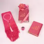 Kadife Kur'an Hediye Seti 4'lü - Eşarp, Tesbih, Zikirmatik(Nakışlı, Büyük Cep Boy,  F.Pembe) - Görsel 2