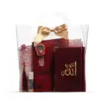 Kadife Kur'an Hediye Seti 6'lı - Eşarp, Tesbih, Esans, Zikirmatik (Nakışlı - Bordo)