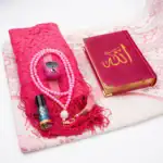 Kadife Kur'an Hediye Seti 6'lı - Eşarp, Tesbih, Esans, Zikirmatik (Nakışlı - F.Pembe) - Görsel 2