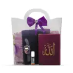 Kadife Kur'an Hediye Seti 6'lı - Eşarp, Tesbih, Esans, Zikirmatik (Nakışlı - Mor)