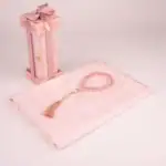 2 Parça Desenli Dik Asetat Kutulu Seccade ve Tesbih Hediyelik Set Pembe