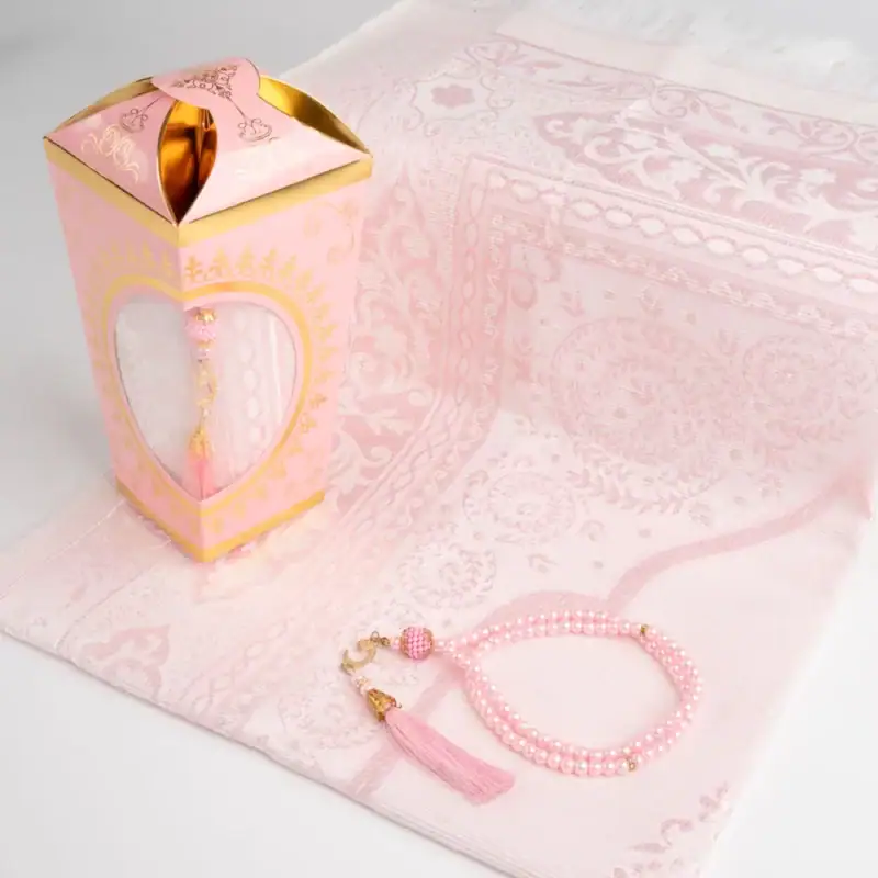 2 parca hediyelik set seccade tesbih asetat kutu pramit model pembe 2