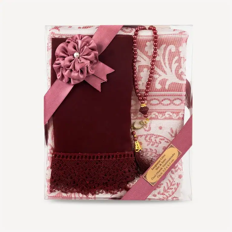 3 parça hediyelik set seccade tesbih bordo