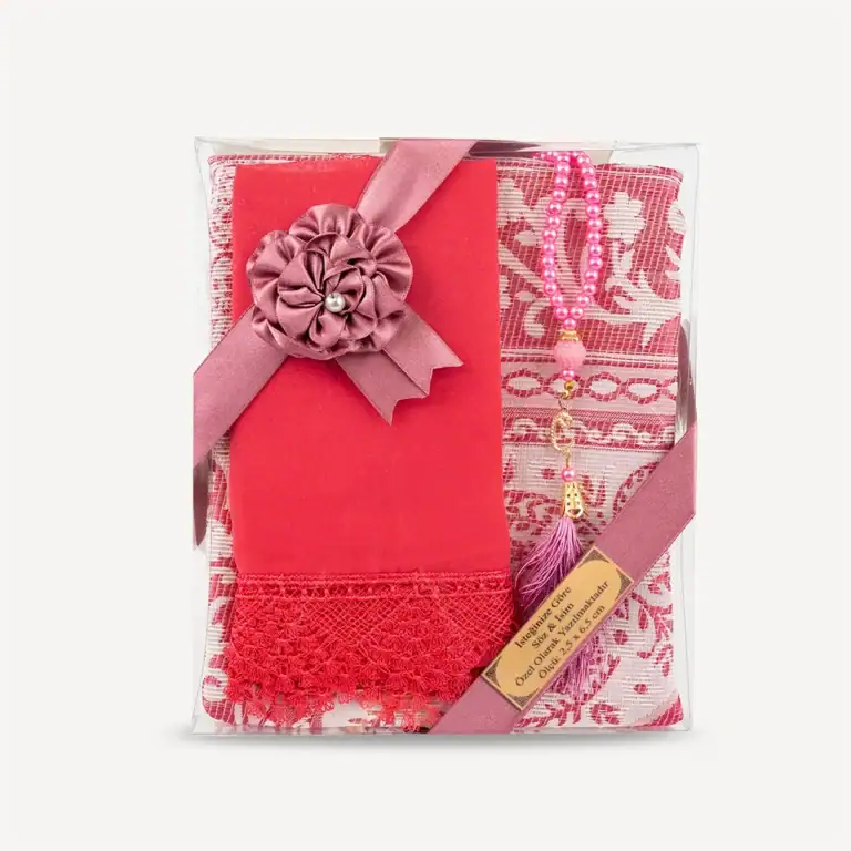 3 parça hediyelik set seccade tesbih fuşya pembe