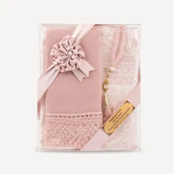 3 parça hediyelik set seccade tesbih pembe